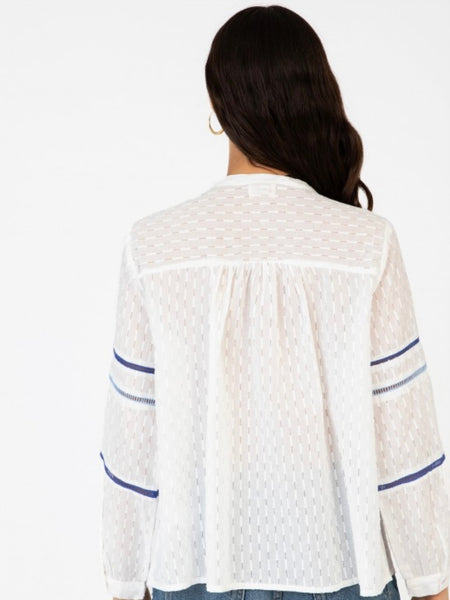 Cream/Blue Ruffle Cotton Blouse by Ange