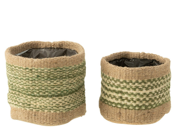 Small Natural Green-Banded Jute Basket