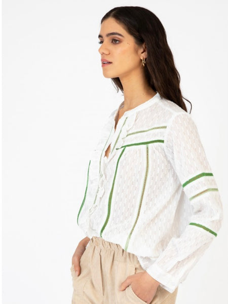 Cream/Green Ruffle Cotton Blouse by Ange