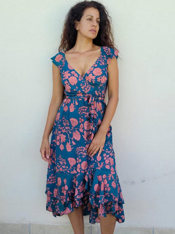 Blue/Pink Wrap Silk Mix Floral Dress by Y Why