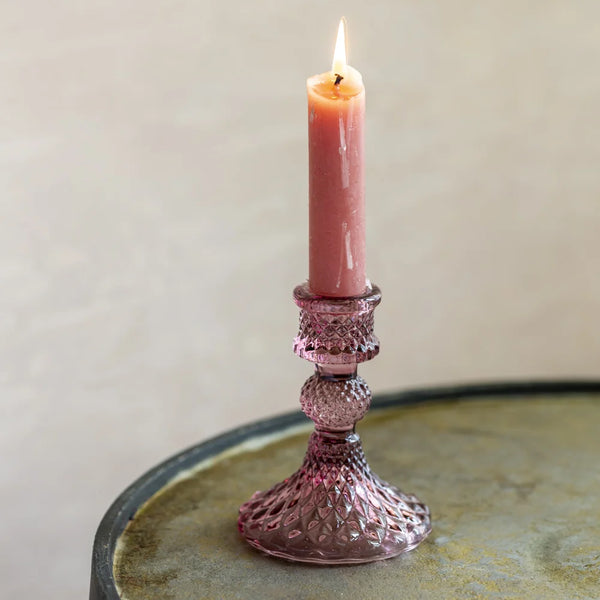 Pink Glass Candlestick With Diamond Cut Pattern