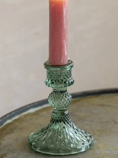 Green Glass Candlestick With Diamond Cut Pattern