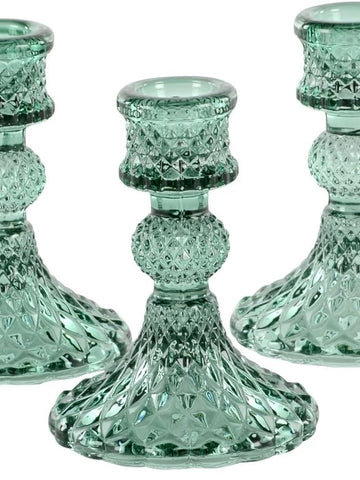 Green Glass Candlestick With Diamond Cut Pattern