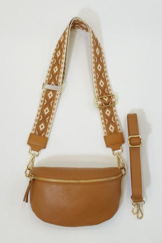 Camel Leather Cross Body Bag With Tan/Cream Cross Patterned Strap