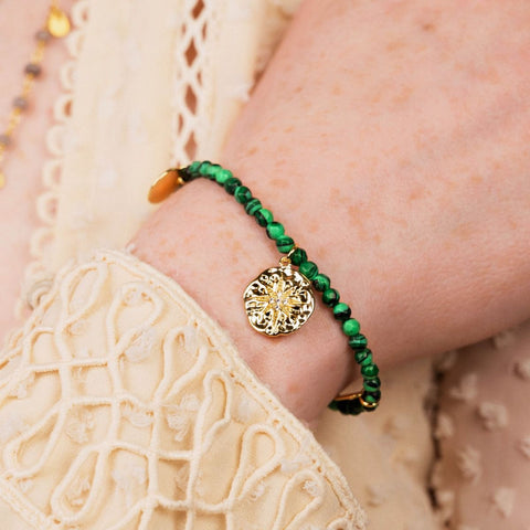 Green Malachite Beaded Bracelet With Gold Discs by Ashiana