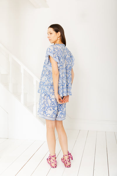 Marcel Chalk Blue Printed Blouse With Frill Sleeve By Bonté