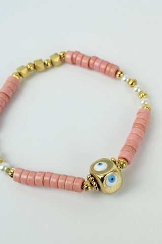 Pink Beaded And Gold Eye Charm Bracelet by My Doris