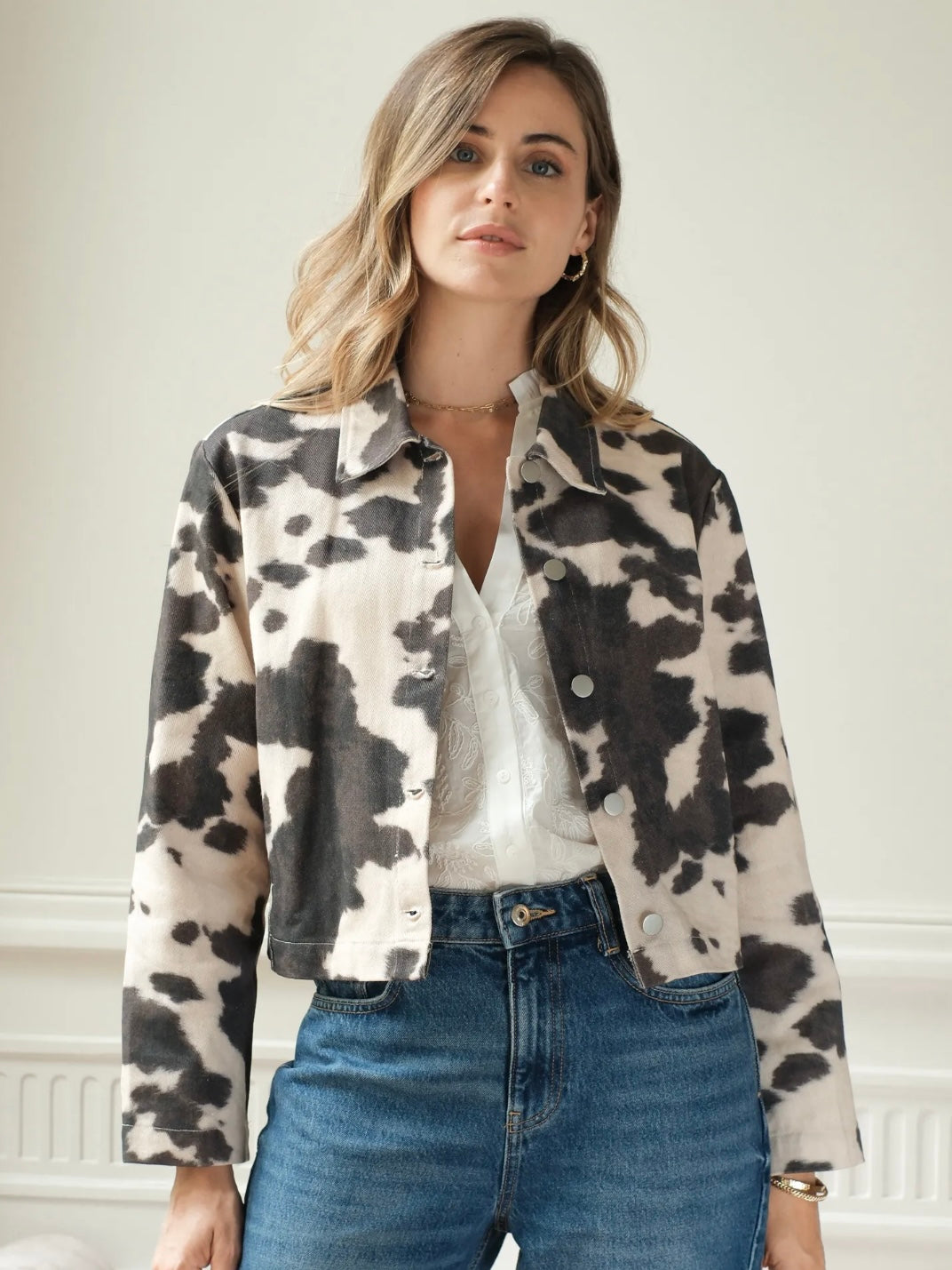 Denim Cow Print Jacket by Lovie and Co