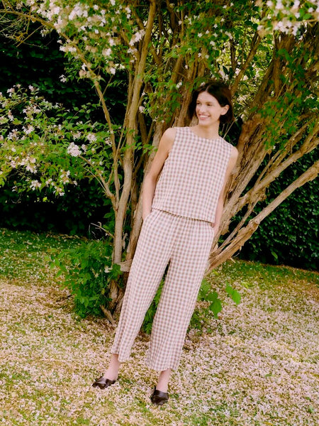 Tan Gingham Linen Mix Cropped Trouser by B Young