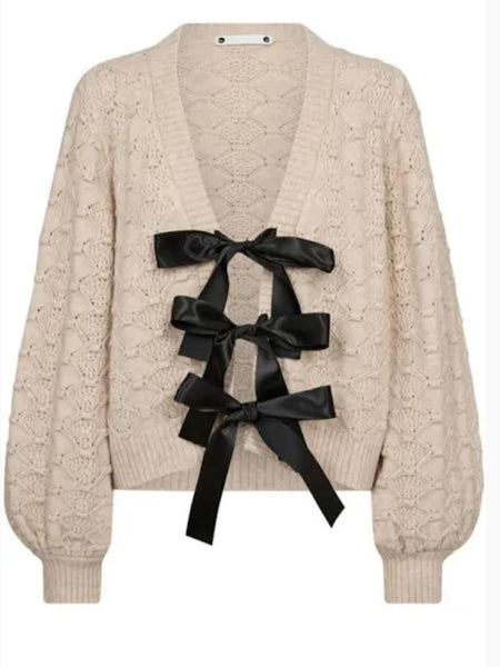 Beige Bow Tie Cardigan by Co Couture