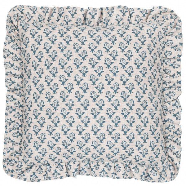 Blue Lulah Block Printed Ruffle Cushion Feather 45 x 45cm