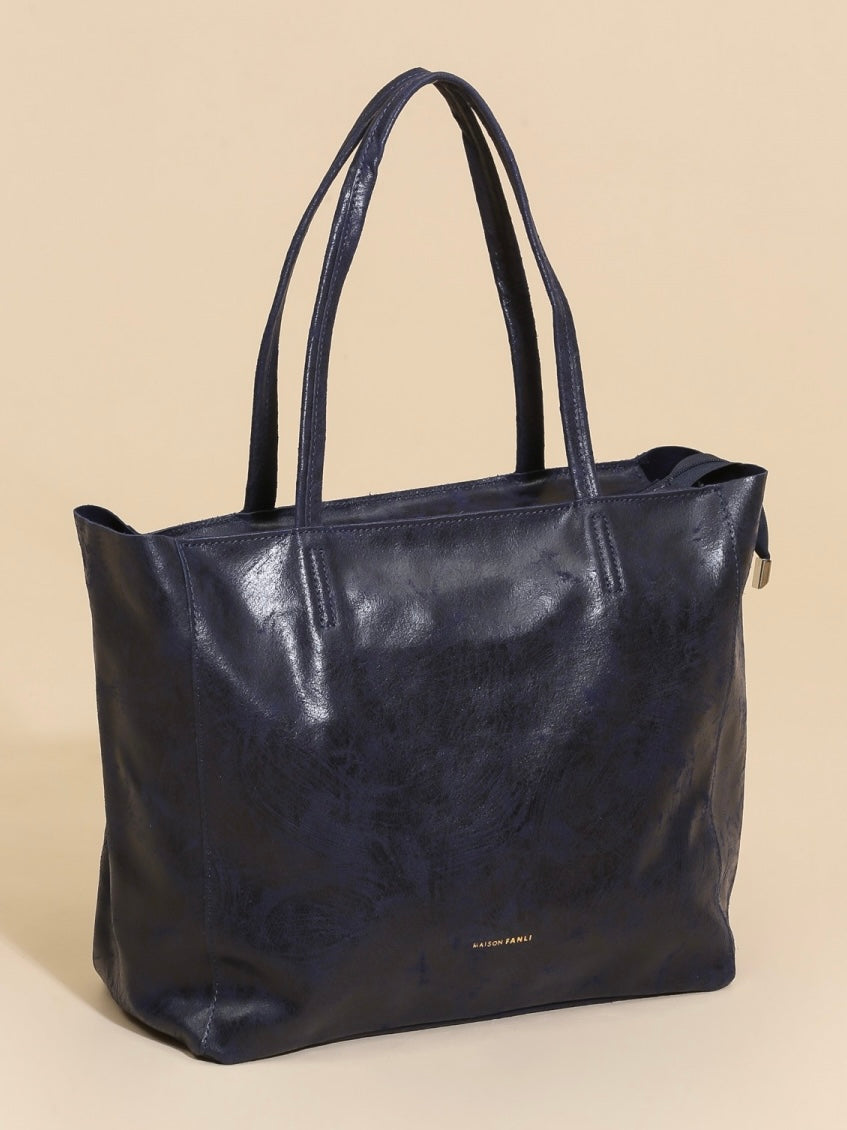 Navy Calfskin Leather Tote Bag