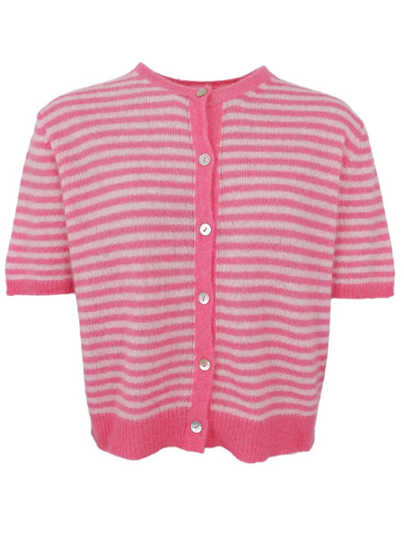 Pink Short Sleeve Stripe Cardigan by Black Colour