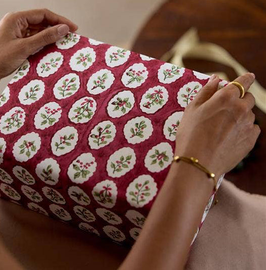 Block Printed Wrapping Paper Sheets - Scallop Tiles Christmas Pudding