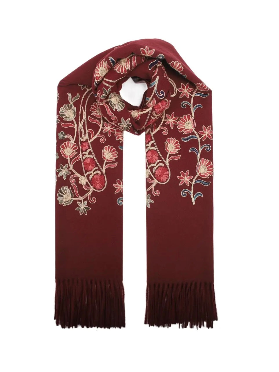 Burgundy Embroidered Tassel Scarf