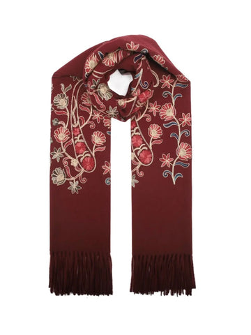 Burgundy Embroidered Tassel Scarf