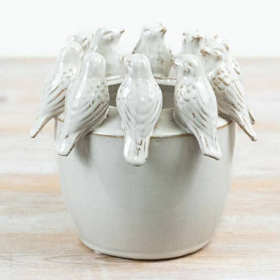 White Planter with Birds