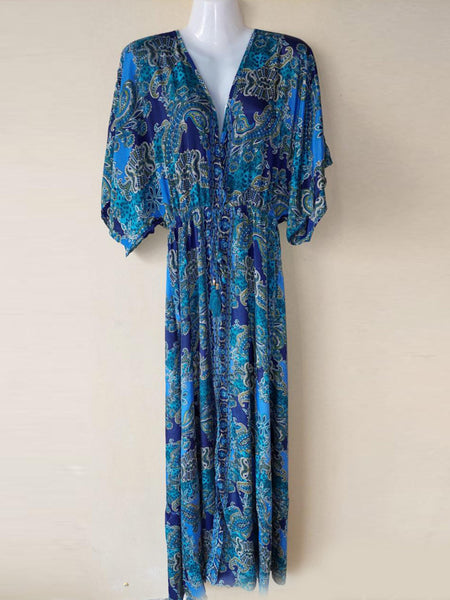 Colbalt Kimono Floral Silk Dress by Y Why