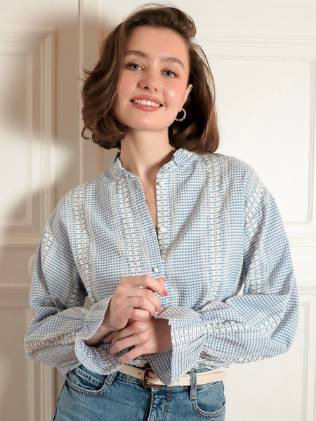 Blue Check Frill Collar Blouse by Lovie and Co