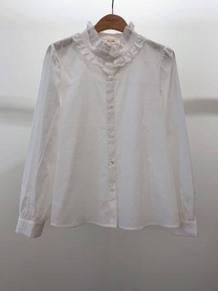 High Collar Embroidered Lace White Shirt