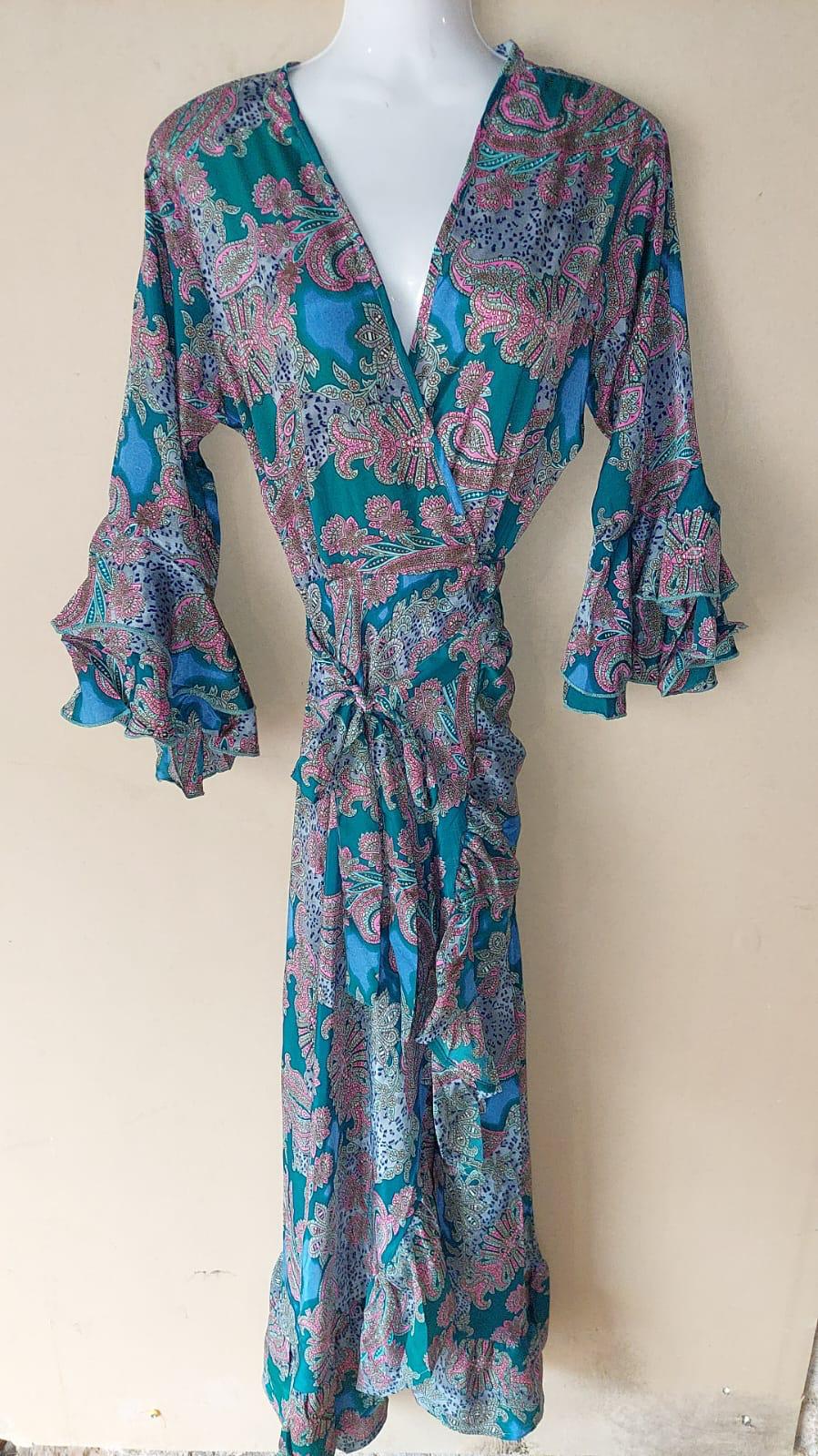 Turquoise Silk Mix Wrap Floral Dress by Y Why