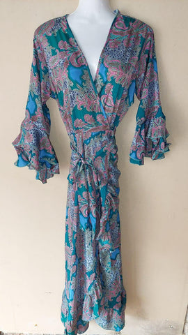 Turquoise and Fuchsia Silk Mix Wrap Floral Dress by Y Why