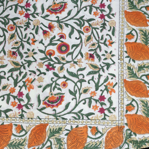 Orange Floral Block Printed Rectangular Tablecloth