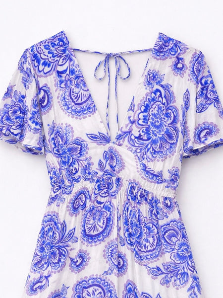 Blue Abstract FloralTie-Back Maxi Dress