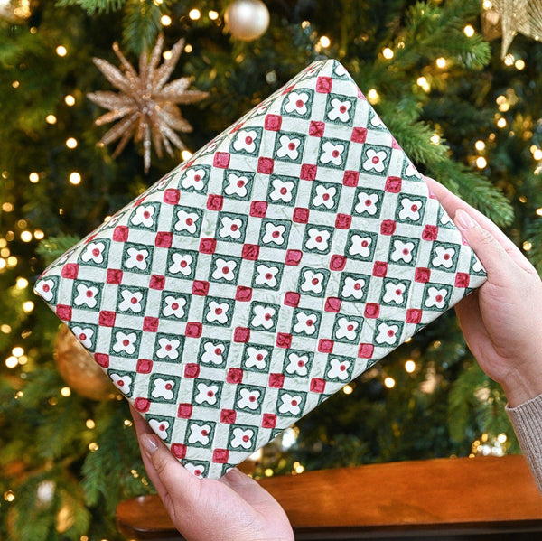 Block Printed Wrapping Paper Sheets - Floral Checks Sage