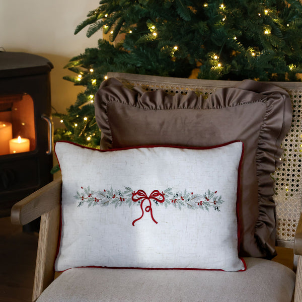 Embroidered Bow & Garland Linen Cushion