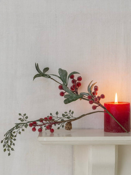 Faux Iced Red Berry Sprig With Frosted Leaves