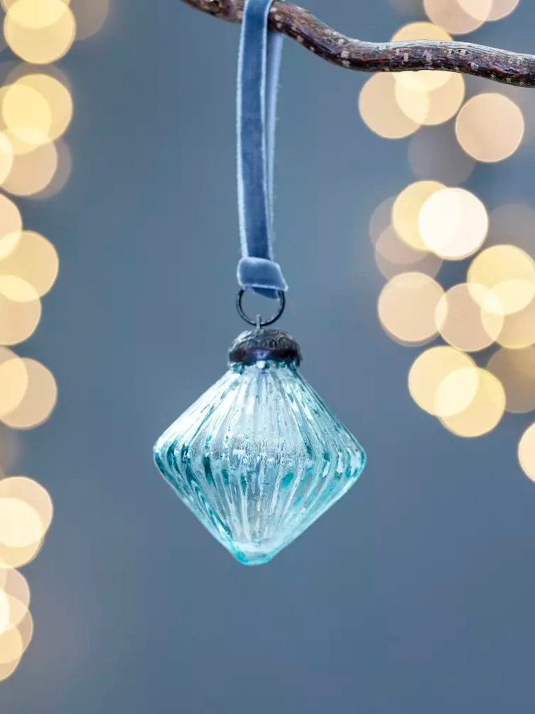 Aqua Ribbed Lantern Decoration With Velvet Loop