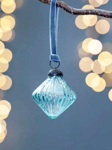 Aqua Ribbed Lantern Decoration With Velvet Loop