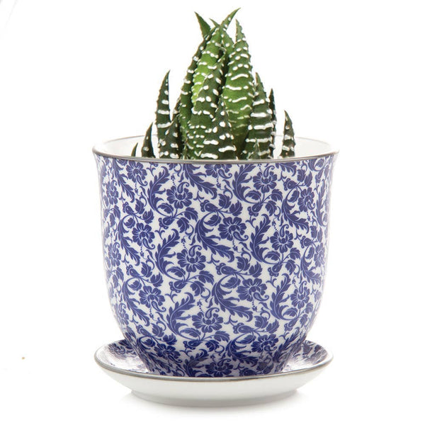 Blue Ceramic Pot with Saucer and Drainage Hole