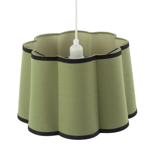 Olive Green Linen Scallop Drum Lamp Shade with Black Cotton Trims