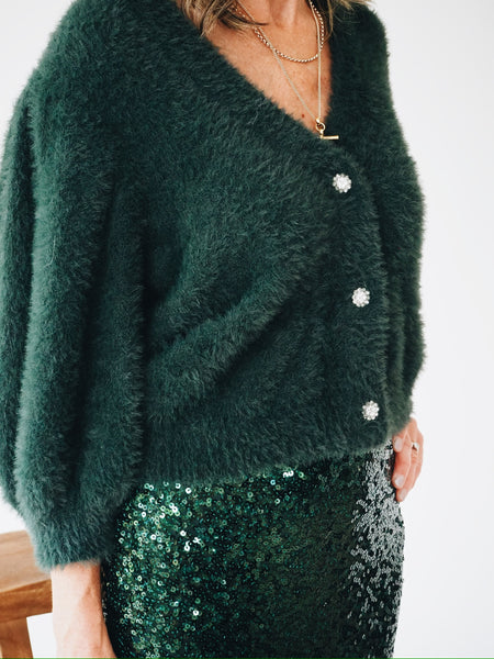 Dark Green Fluffy Diamanté Button Cardi By Saint Tropez
