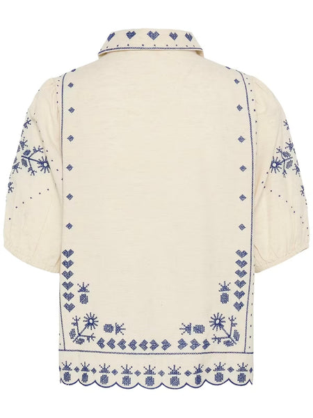 Cream Embroidered Linen Mix Shirt By Saint Tropez