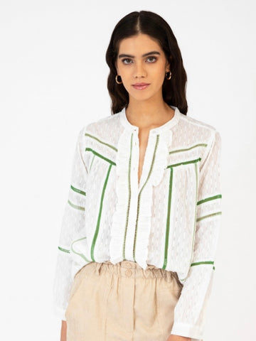 Cream/Green Ruffle Cotton Blouse by Ange