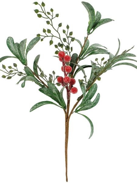 Faux Iced Red Berry Sprig With Frosted Leaves