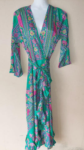 Bright Green And Pink Silk Mix Wrap Floral Dress by Y Why