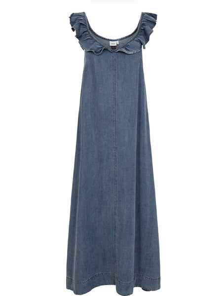 Denim Frill Neck Maxi Dress by Numph