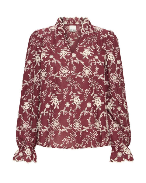 Burgundy Embroidered Cotton Blouse by Ichi