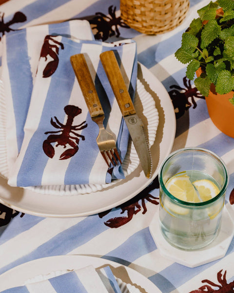 Blue Stripe Lobster Block Print Napkin