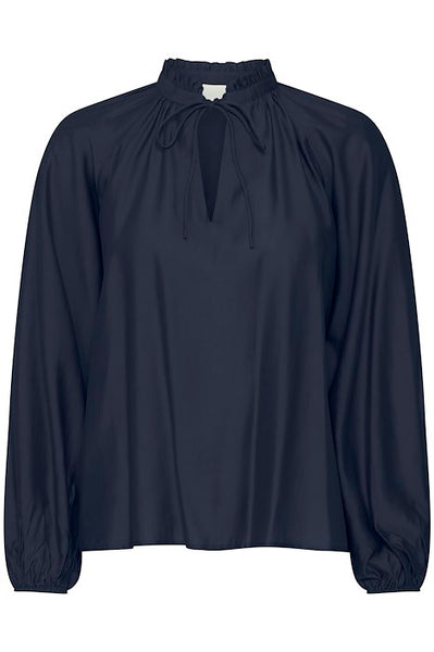 Navy Frill Neck Blouse by ICHI