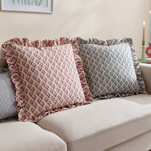 Blue Lulah Block Printed Ruffle Cushion Feather 45 x 45cm