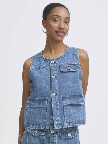 Medium Wash Denim Waistcoat by Ichi