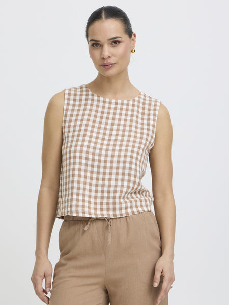 Tan Gingham Linen Mix Boxy Top by B Young