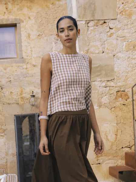 Tan Gingham Linen Mix Boxy Top by B Young