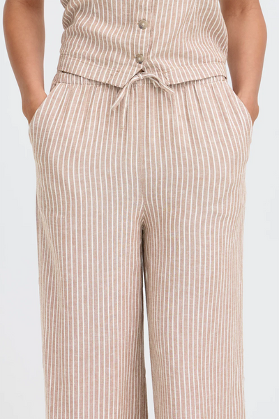 Tan Stripe Drawstring Linen Mix Trouser by B Young
