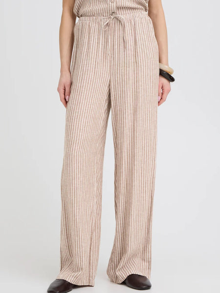 Tan Stripe Drawstring Linen Mix Trouser by B Young